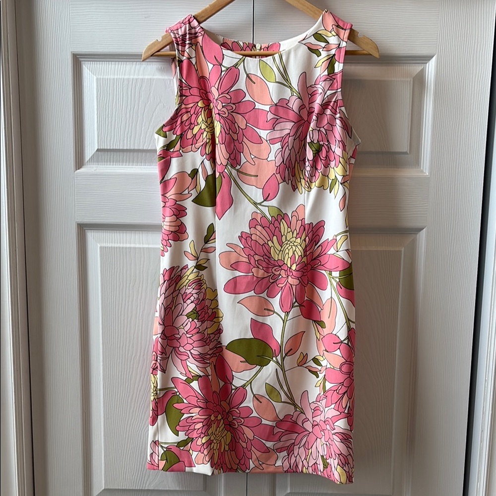 Laura Petites white large pink peony design sleeveless simple shift dress EUC